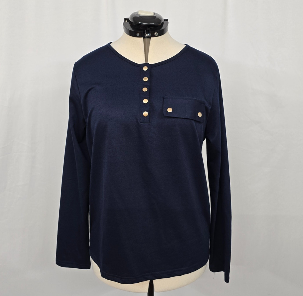 Henley Long Sleeve Blouse Women's XL Navy Blue Snaps New